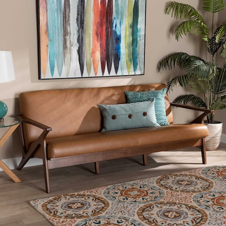 Baxton Studio Bianca Mid-Century Modern Walnut Brown Finished Wood and Tan Faux Leather Effect Sofa 190-11394-ZORO